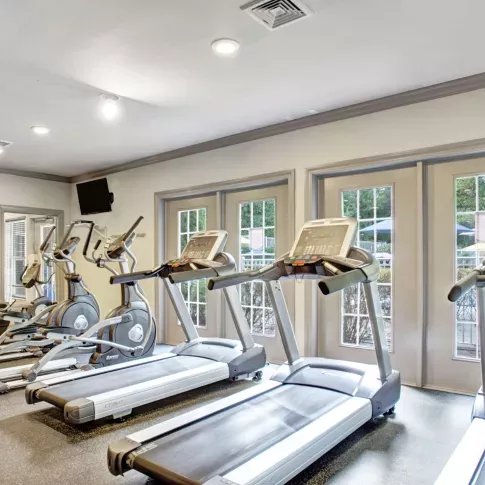 Fitness center with treadmills and ellipticals facing large windows and French doors, allowing in natural light from the pool area.