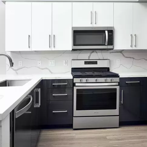 Modern kitchen with stainless steel appliances and sleek cabinetry