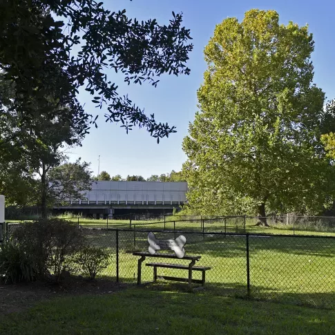 Large pet park with mature trees, grassy area, and seating at Gates at Citiplace apartment community