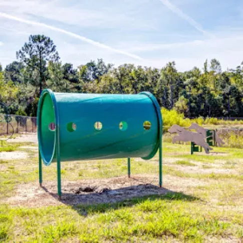 Green agility tunnel in fenced dog park area, surrounded by grass and mature trees.