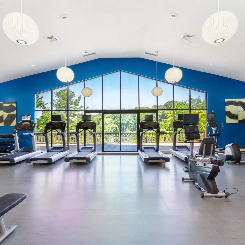 Bright fitness center with floor-to-ceiling windows, blue accent wall, and rows of treadmills, bikes, and ellipticals at Royal Crest Estates Warwick in Warwick, RI.