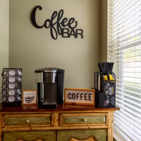 Coffee bar located within the apartment's clubhouse available to residents.