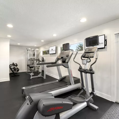 Well-lit gym with treadmill, elliptical, weight machine, and dumbbells. An exit door leads to an outdoor pool with palm trees.