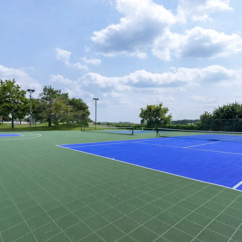 Outdoor sports complex with green basketball court, blue tennis court, trees, and a cloudy blue sky.