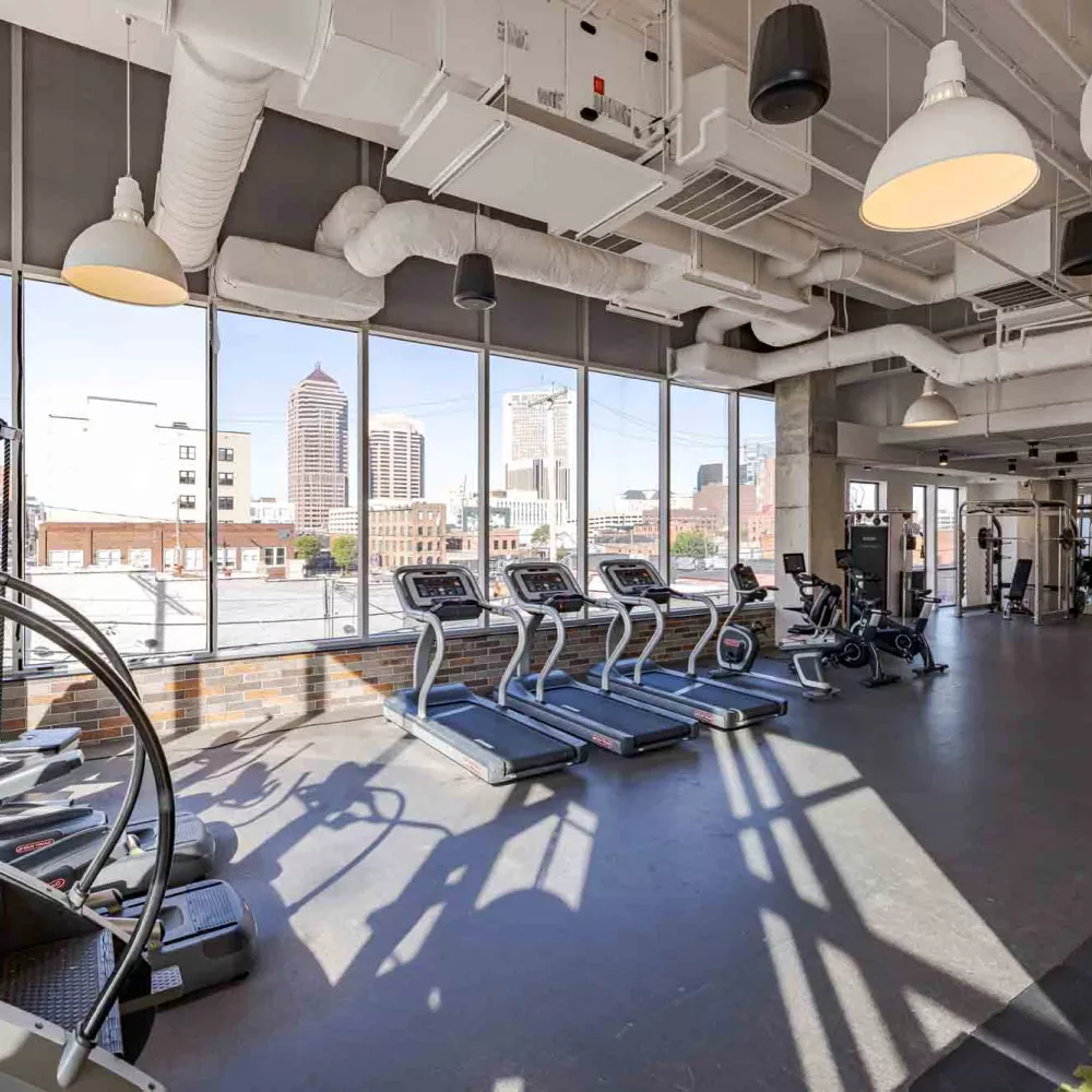 Modern gym with treadmills, exercise machines, and large windows overlooking a city skyline.