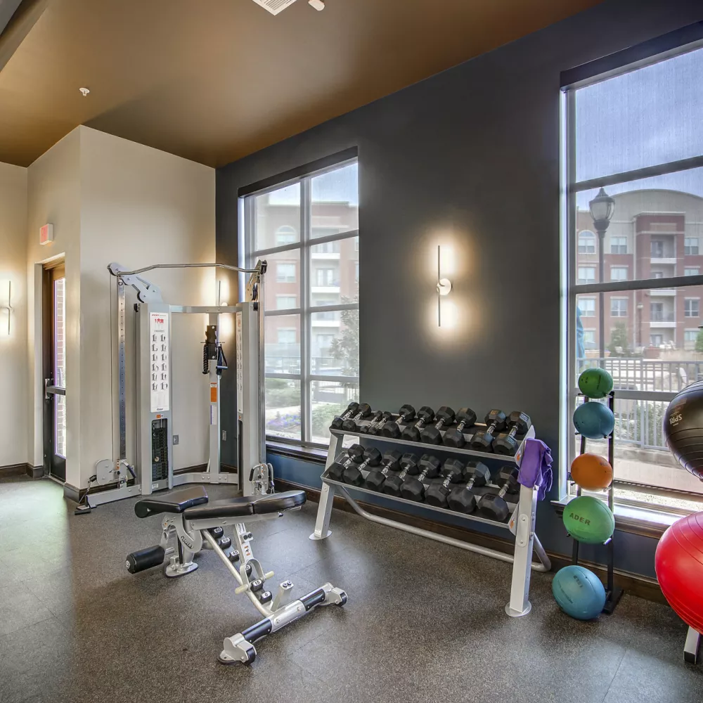 Spacious fitness room with a weight bench, dumbbells, and exercise balls. Large windows offer a view of residential buildings.