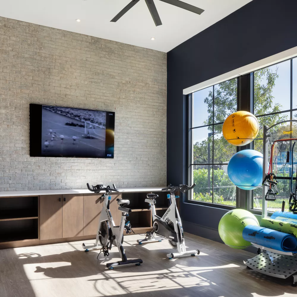 Modern fitness room with two spin bikes, a TV playing a video, and a colorful exercise ball rack next to a large window.