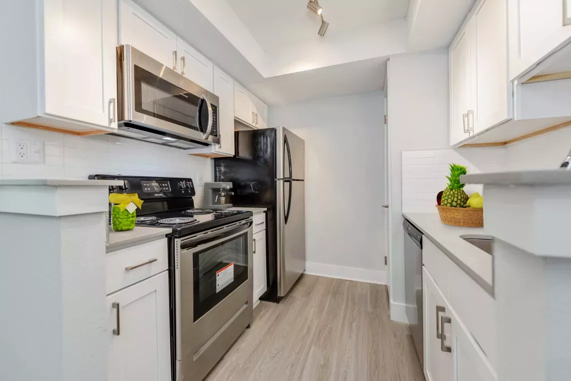 "Bright, modern kitchen with stainless steel appliances, white cabinetry, and a sleek, clean design."