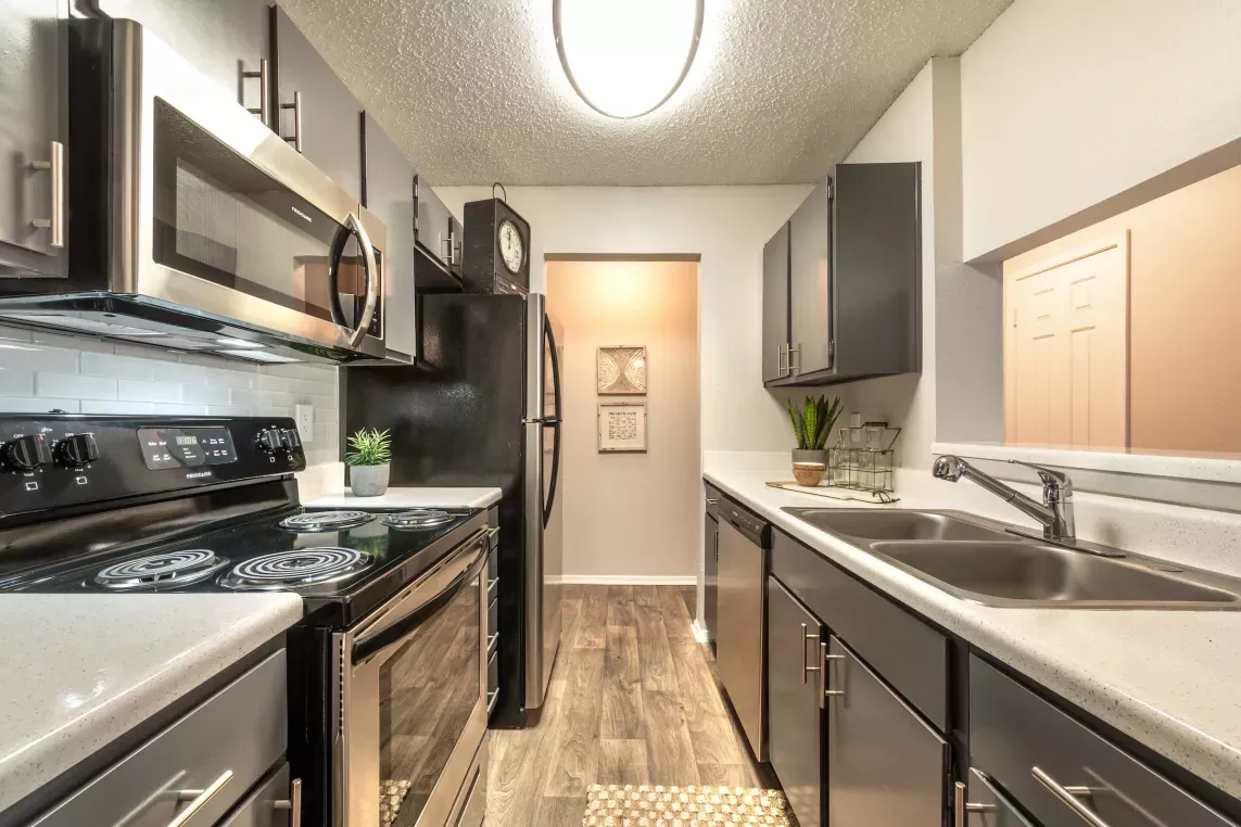 A modern galley kitchen featuring stainless steel appliances, sleek black cabinetry, and wood-style flooring with decorative touches.