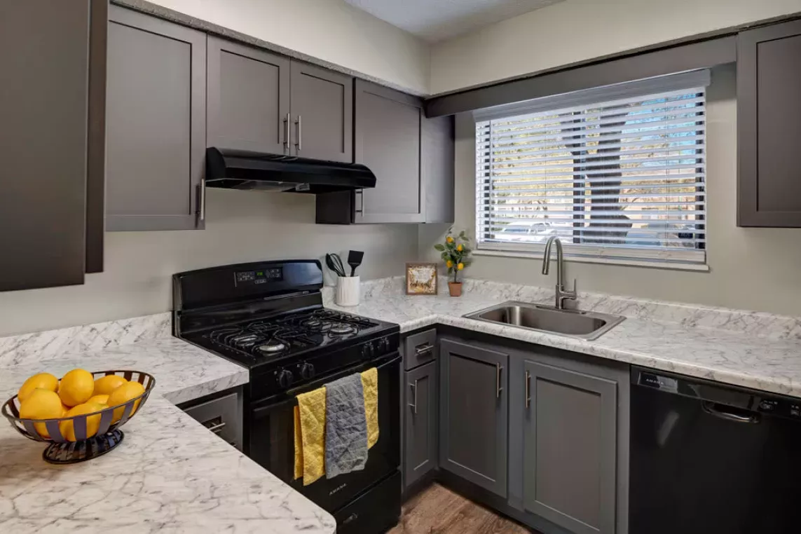 A modern kitchen featuring gray cabinets, marble countertops, a black gas stove, and a window with blinds overlooking a tree-lined view.