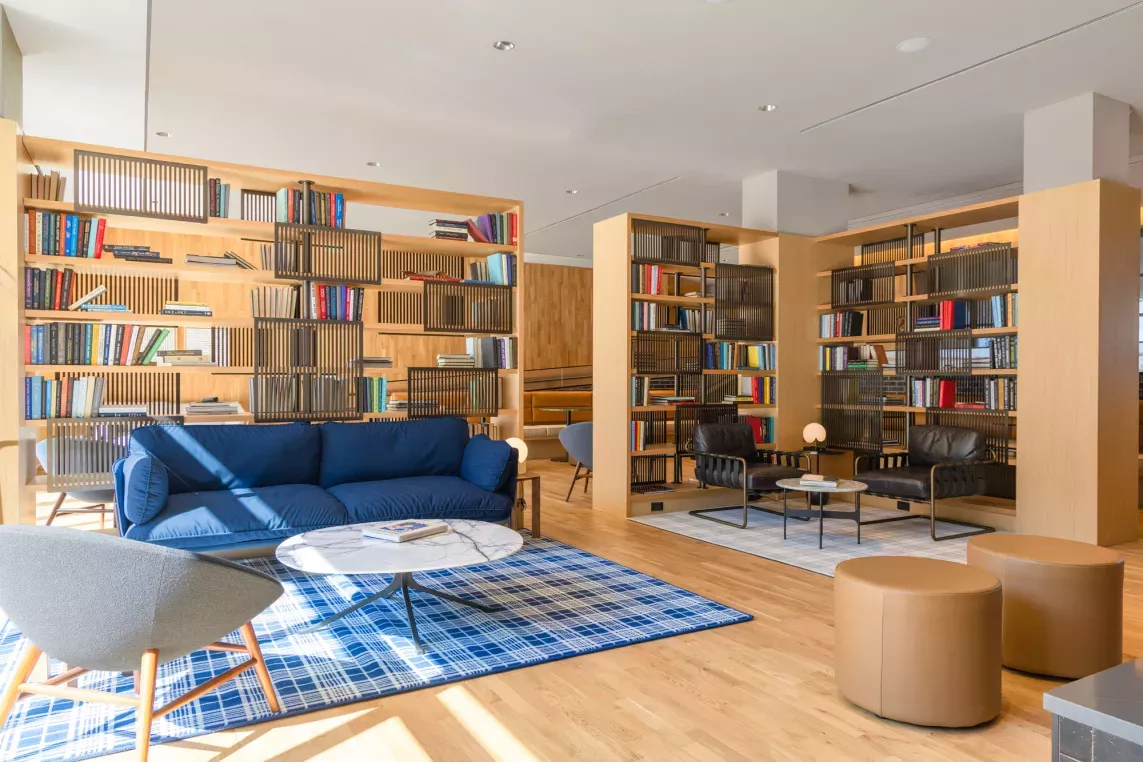 A vibrant library space with wooden bookshelves, colorful books, plush seating, and abundant natural light, perfect for relaxing or studying.
