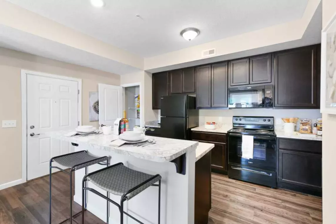 Spacious and well-lit kitchen with sleek black cabinetry, modern appliances, and a stylish breakfast bar.