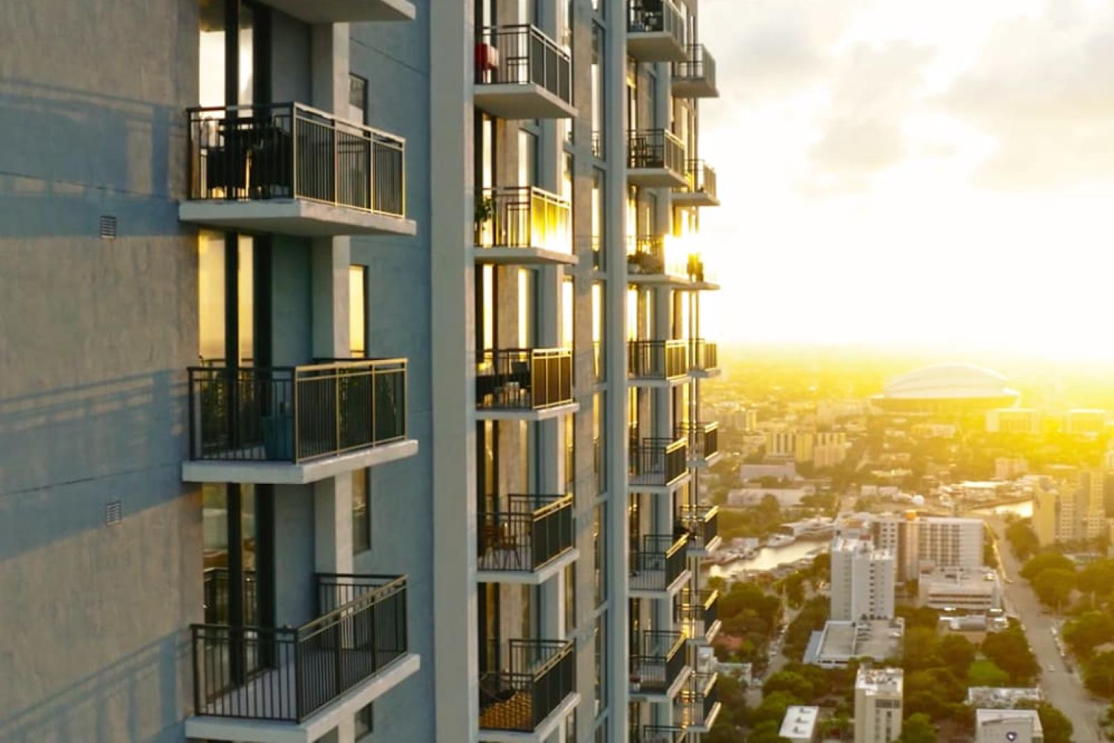 Close-up of balconies at Parkline Miami, offering stunning city views and natural light at sunset.