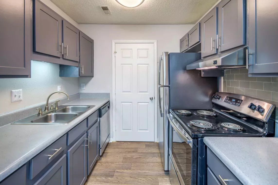 Galley-style kitchen with gray cabinets, stainless steel appliances, electric stove, dual sink, and wood-look flooring.