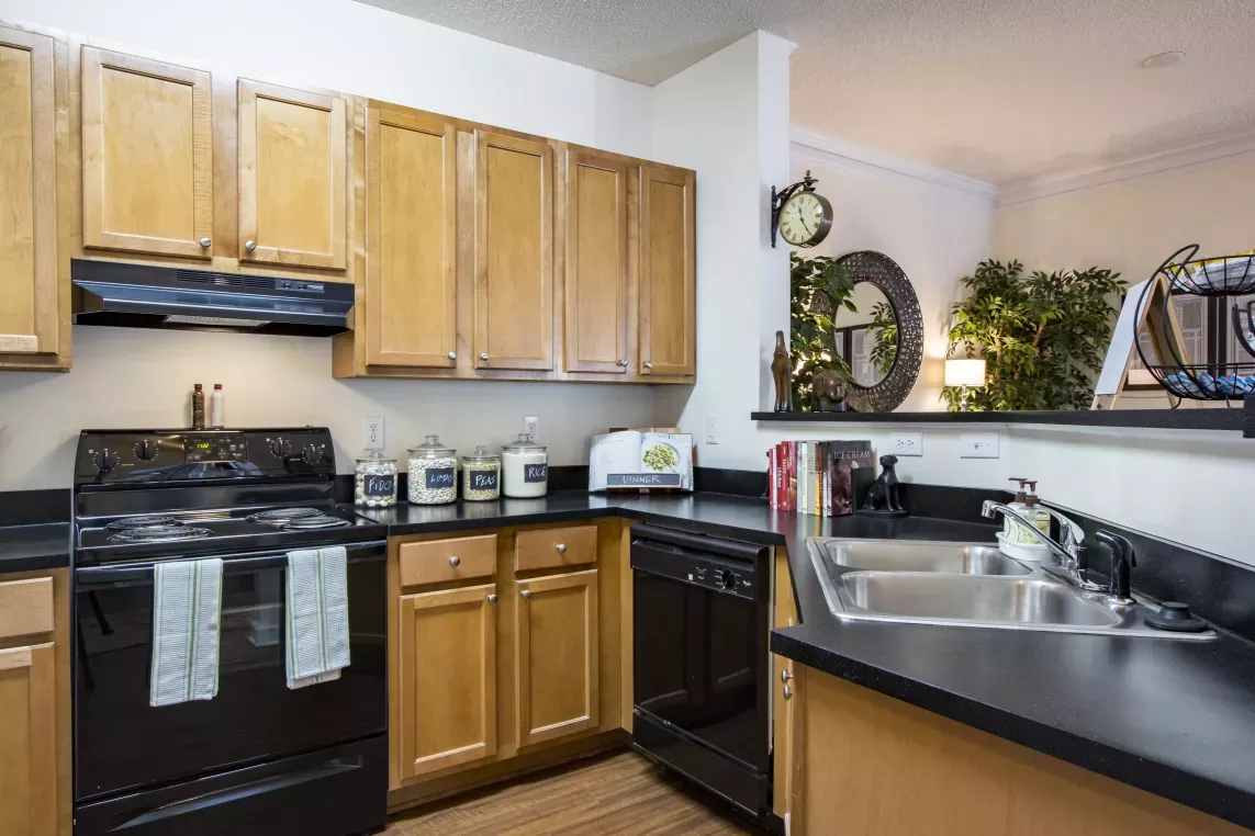 Modern apartment kitchen at The Heights at Lake Murray featuring light wood cabinets, black appliances, and black countertops