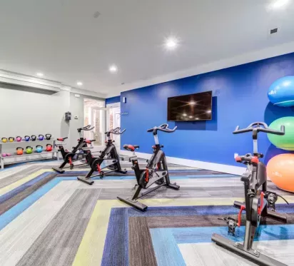 Modern fitness studio featuring stationary bikes, colorful exercise balls, and a vibrant blue accent wall, creating an energetic and inviting space for workouts.