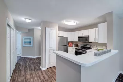 A modern kitchen with white cabinetry, stainless steel appliances, and dark wood flooring, opening into a bright hallway.