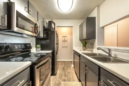 A modern galley kitchen featuring stainless steel appliances, sleek black cabinetry, and wood-style flooring with decorative touches.
