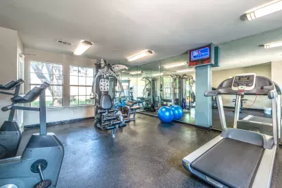 A well-equipped fitness center featuring cardio machines, a weight-training station, exercise balls, and wall-to-wall mirrors.
