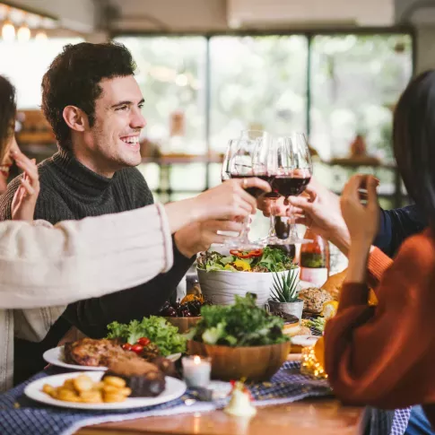 Cheers to good times and great company! A group of friends clinking glasses filled with wine at a joyful gathering. Laughter and warmth fill the atmosphere, with delicious food and a cozy setting creating the perfect ambiance for a memorable evening.