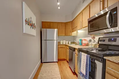 A compact kitchen with stainless steel appliances, wooden cabinets, and a decorative wall painting of a cityscape.