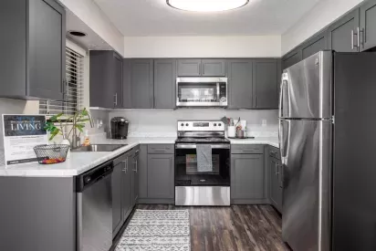 A modern kitchen featuring sleek gray cabinets, stainless steel appliances, a marble-patterned countertop, and a cozy rug on the wooden floor.