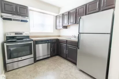 A modern kitchen with dark wooden cabinets, stainless steel appliances, and a bright window above the sink.