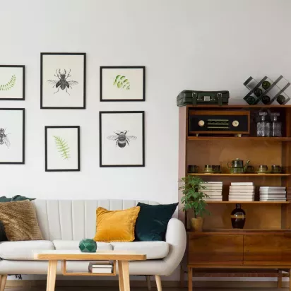 A stylish living room featuring a white sofa with colorful accent pillows, a wooden coffee table, and a mid-century modern bookshelf displaying books, plants, and decor. The wall is adorned with framed nature-themed art, creating a cozy and elegant atmosphere, ideal for showcasing the interior design possibilities at Broadview Oaks Apartments.