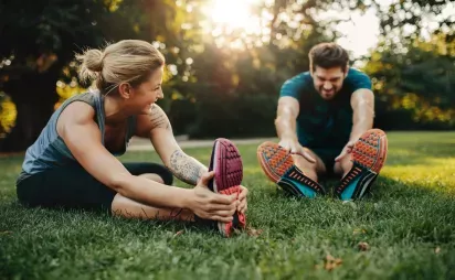 Woman and man stretching on lawn