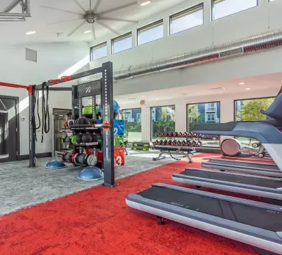 A modern and well-equipped apartment gym featuring treadmills, weights, and exercise equipment, with large windows providing natural light and a spacious, energetic atmosphere.