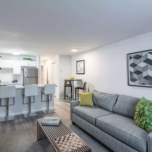 A modern living space featuring a cozy gray couch with green accent pillows, a geometric wall art piece, and a kitchen area with white cabinets and stainless steel appliances in the background.