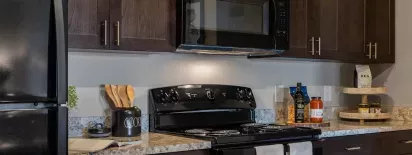 A modern kitchen with sleek cabinetry and appliances at Walden Lakes Apartments.