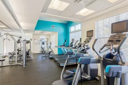 A well-equipped gym with treadmills, elliptical machines, and weight-training equipment in a bright, airy space.