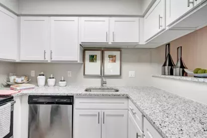 Bright kitchen showcasing ample counter space, white cabinetry, and sleek stainless steel appliances.
