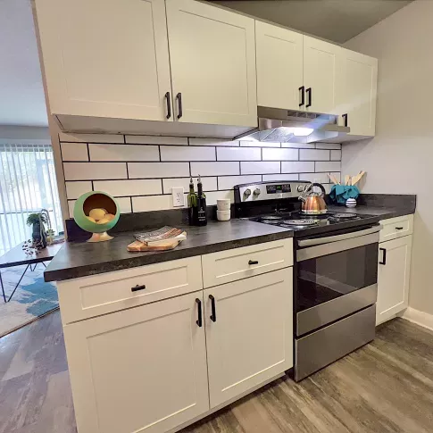 Modern kitchen with white cabinets, subway tile backsplash, black countertops, and stainless steel appliances, opening into a bright living space with natural light from large sliding doors.