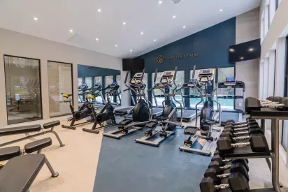 State-of-the-art fitness center featuring ellipticals, treadmills, cycling bikes, and free weights, with modern design, large mirrors, and ample natural light from floor-to-ceiling windows.