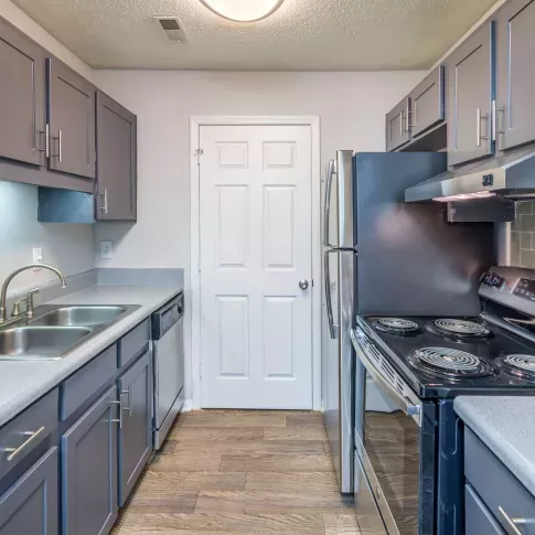 Galley-style kitchen with gray cabinets, stainless steel appliances, electric stove, dual sink, and wood-look flooring.
