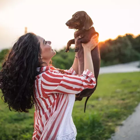 Alt text: A woman in a red and white striped shirt joyfully lifts her dachshund in the air while standing on a grassy path at sunset, with a warm glow highlighting their bond.