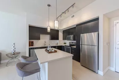 Stainless-Steel Whirlpool Appliances: Each apartment is equipped with energy-efficient appliances, including a refrigerator, microwave, oven, dishwasher, and disposal, ensuring both convenience and sustainability Miro Brickell