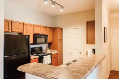 Modern apartment kitchen with wood cabinets, black appliances, and granite-style countertops under warm lighting.