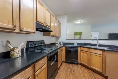 Large, bright kitchen with ample amount of storage.