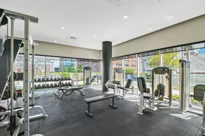 Bright gym space with strength training equipment, dumbbell racks, and large windows overlooking rooftop greenery.