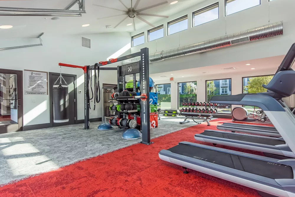 Modern gym with treadmills on red flooring, weight racks, a punching bag, and large windows offering natural light.