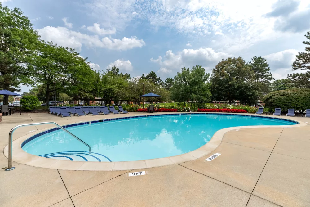 Outdoor swimming pool with blue water, concrete patio, blue lounge chairs, red flowers, and green trees under a cloudy sky.
