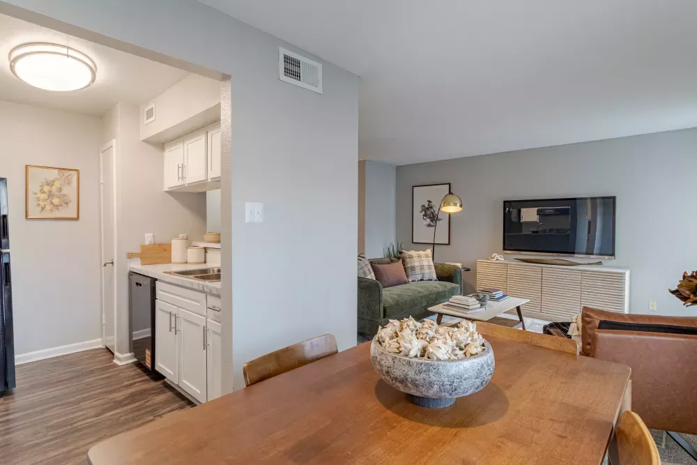 Open concept apartment with a wooden dining table, modern kitchen, and living room with a green sofa and TV.