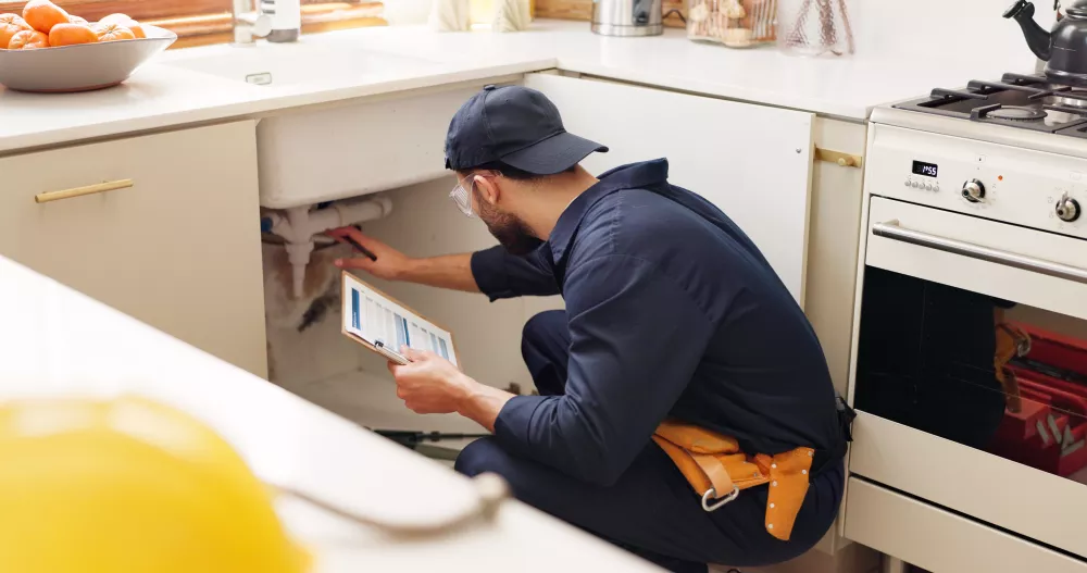 Plumber in a blue uniform inspecting pipes under a kitchen sink, holding a tablet. Yellow hard hat nearby.