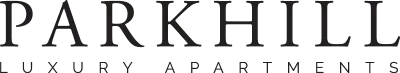 The Parkhill Luxury Apartments logo features an elegant black serif typeface with tall, narrow letterforms and balanced spacing, exuding a refined and sophisticated style.