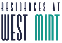 Logo for "Residences at West Mint" featuring bold, uppercase lettering. "West" is in a dark blue color, while "Mint" is in a bright teal, creating a modern and sleek design.