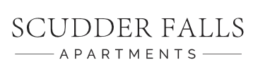 The logo for Scudder Falls Apartments features the name "Scudder Falls" in a serif font, with "Apartments" below it in smaller capital letters, flanked by horizontal lines on both sides. The design is minimalist and elegant, with a monochromatic color scheme.