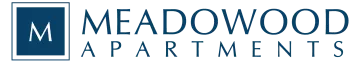 The Meadowood Apartments logo features a dark blue square emblem with a centered "M" alongside bold, clean text that conveys professionalism and sophistication.